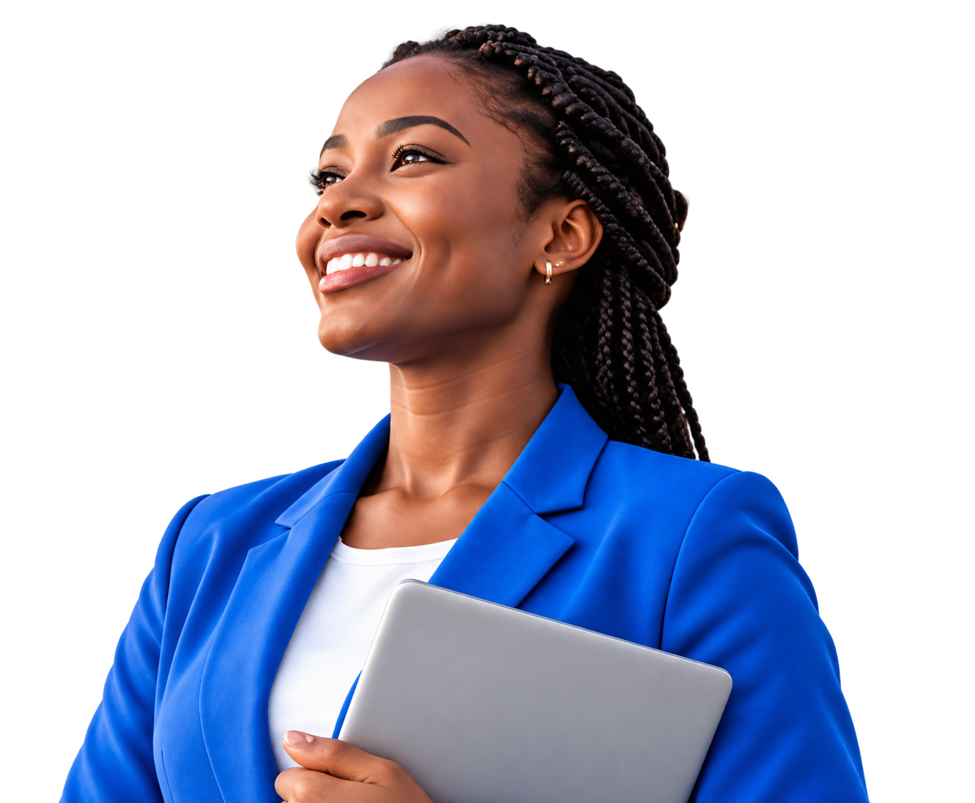 Professionnelle africaine souriante tenant un ordinateur portable